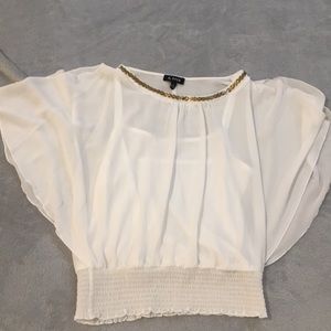 White cold shoulder flowy top w gold metal collar